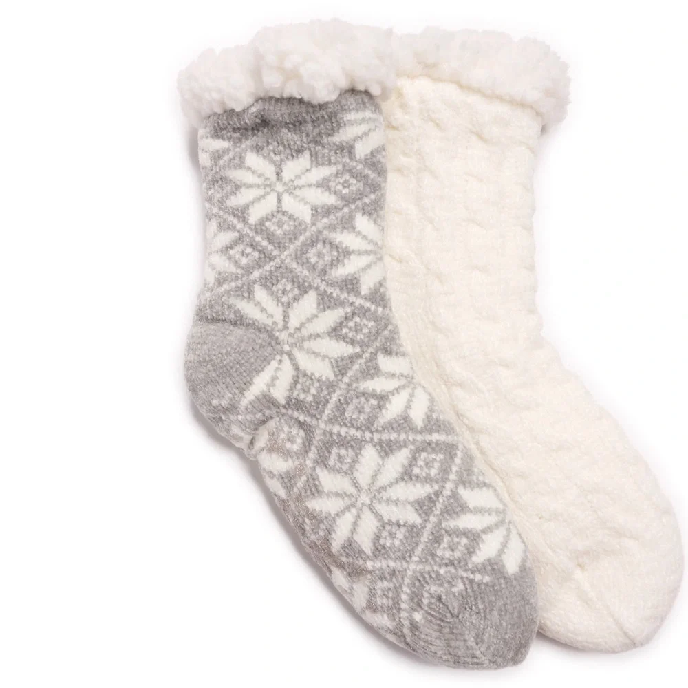 2pack Muk Luk chenille faux fur lined textured non slip mid-calf height‎ socks